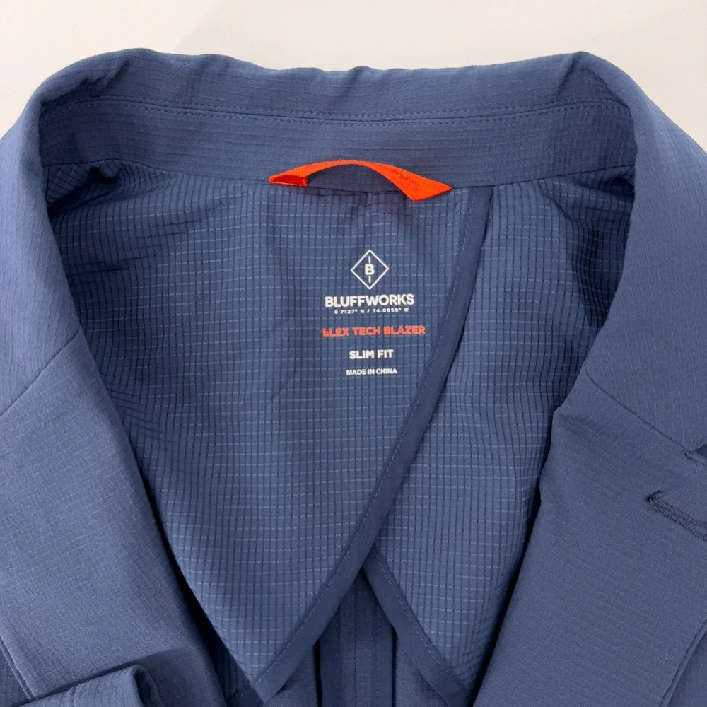 Bluffworks Gramercy Blazer Mens 40L Blue Slim Fit Telex Tech Travel Jacket